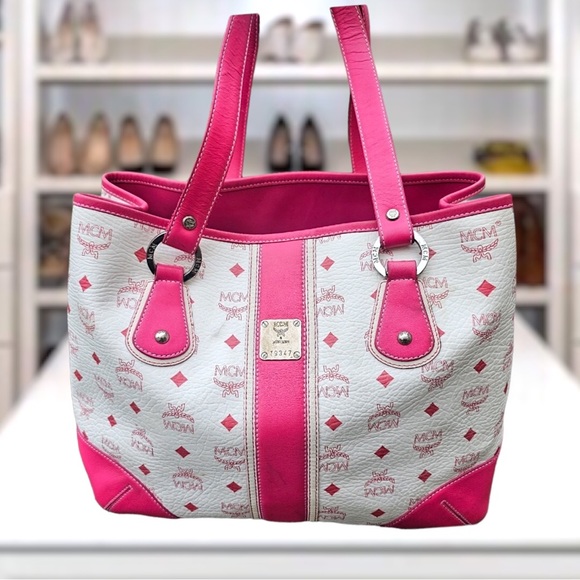 MCM Handbags - MCM Gorgeous Visetos Leather Trimmed Tote Pink and White Monogram